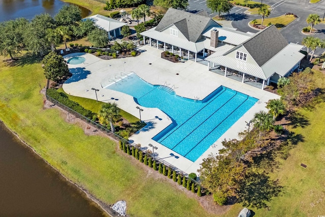 drone / aerial view featuring a water view