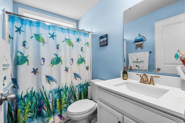 bathroom featuring vanity, toilet, and walk in shower