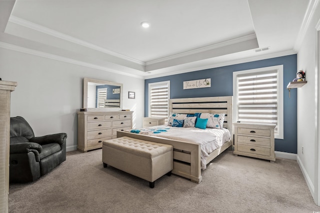 bedroom featuring multiple windows, light carpet, and a raised ceiling