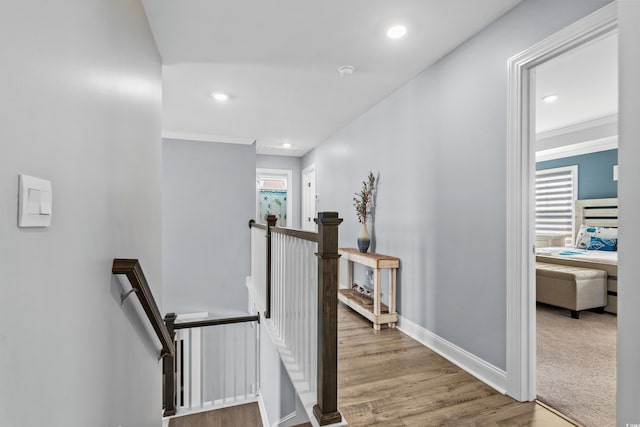 hall featuring ornamental molding and light wood-type flooring