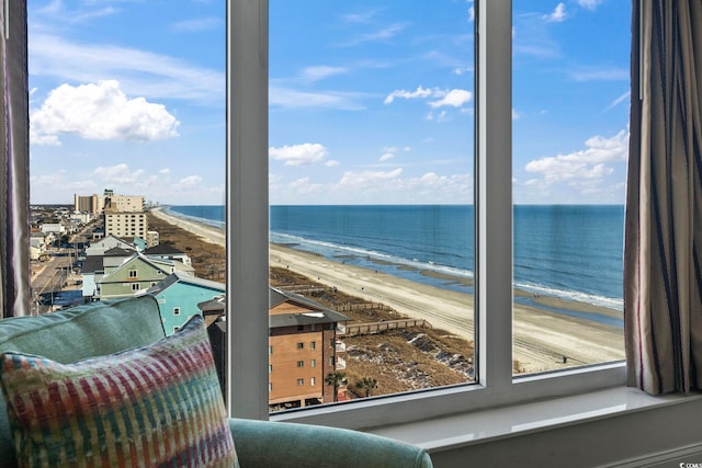 property view of water featuring a beach view