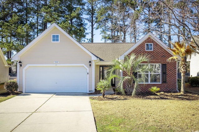 view of front of home with a garage, brick siding, driveway, roof with shingles, and a front lawn