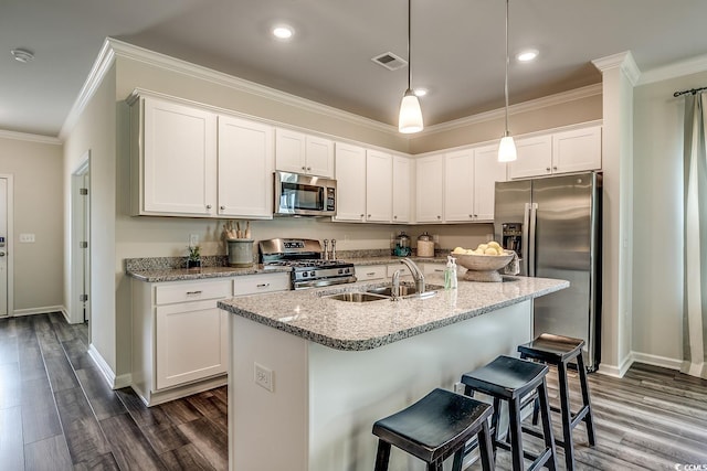 kitchen featuring pendant lighting, sink, crown molding, appliances with stainless steel finishes, and white cabinetry