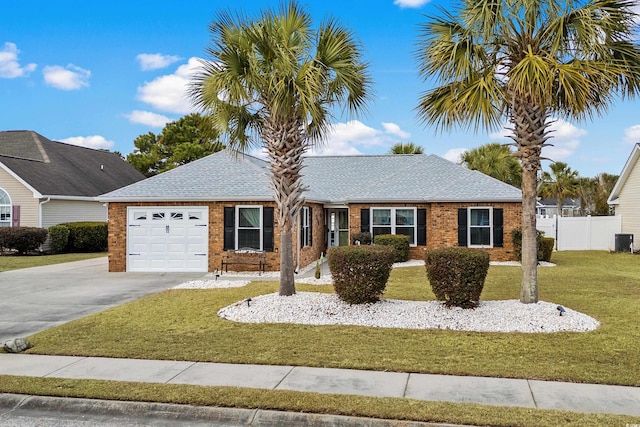 ranch-style home featuring central AC unit, a garage, and a front yard