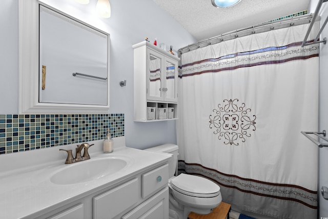 bathroom featuring walk in shower, toilet, a textured ceiling, vanity, and decorative backsplash