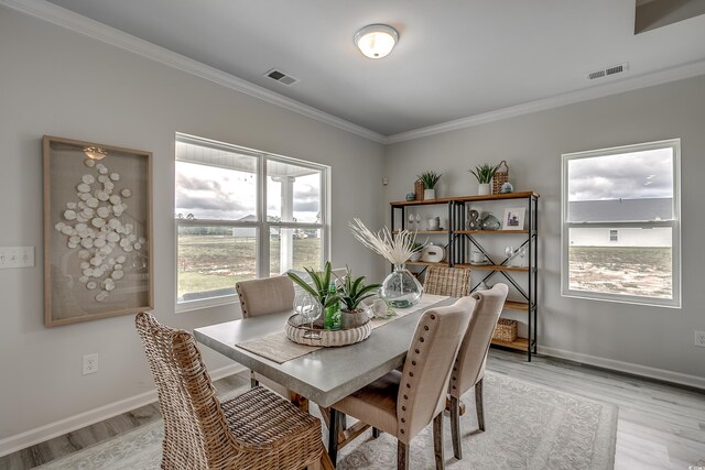 dining space featuring crown molding, light hardwood / wood-style floors, and a healthy amount of sunlight