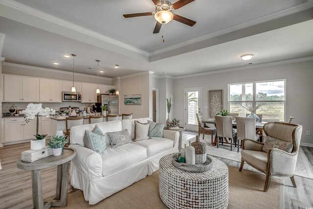 living room featuring ornamental molding and light wood-type flooring