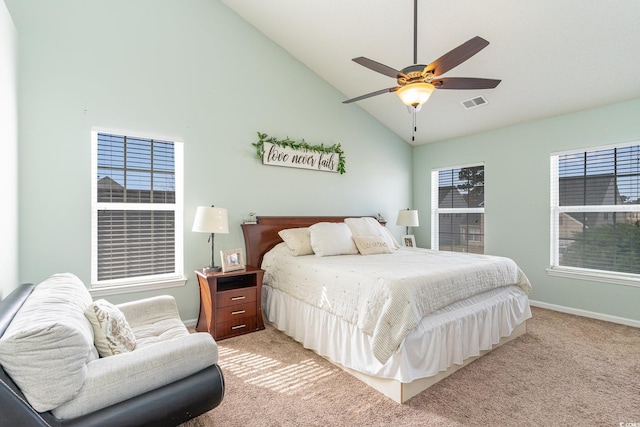 bedroom featuring ceiling fan, carpet flooring, and high vaulted ceiling