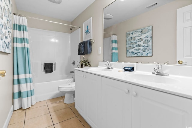 full bathroom with vanity, tile patterned floors, toilet, and shower / bath combo with shower curtain