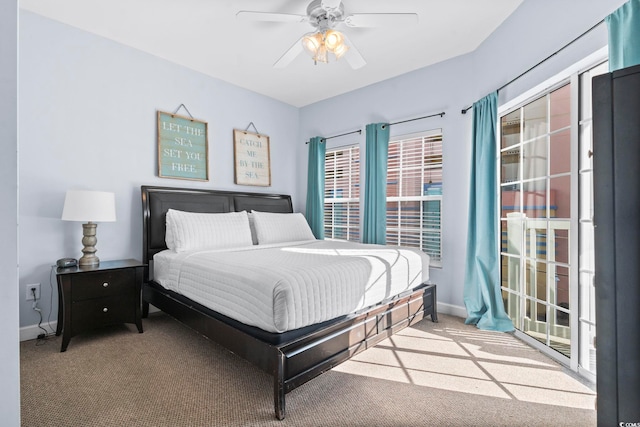 bedroom with ceiling fan and carpet