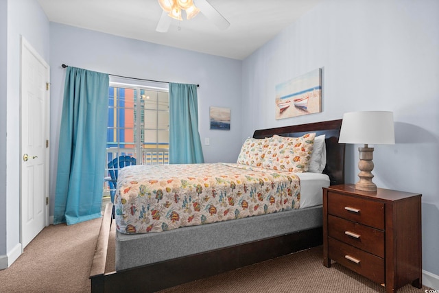 bedroom featuring light carpet and ceiling fan