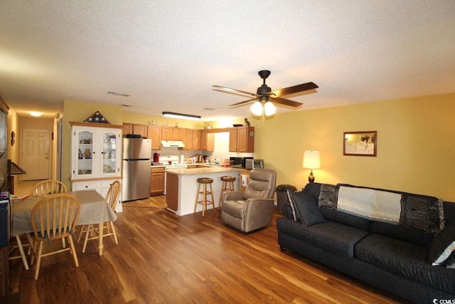 living room with dark hardwood / wood-style flooring, a textured ceiling, and ceiling fan