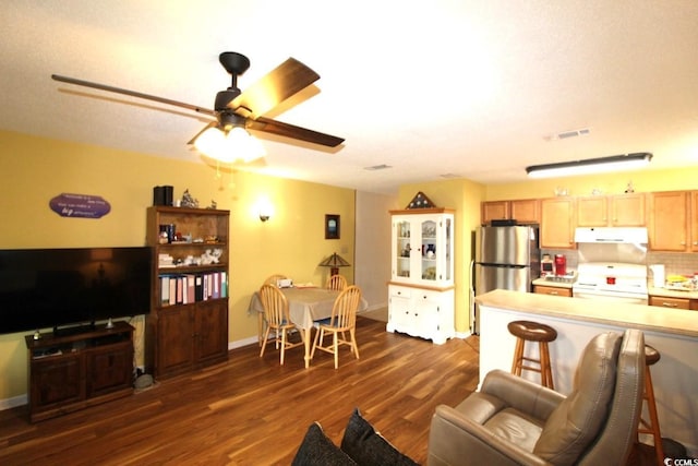 living room with dark hardwood / wood-style floors and ceiling fan