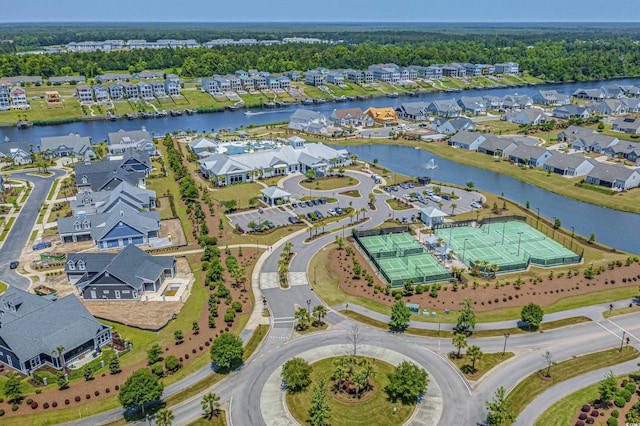 drone / aerial view with a water view