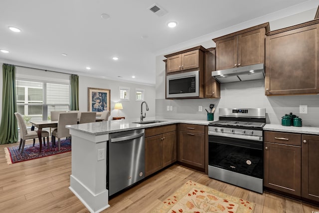 kitchen with sink, light wood-type flooring, appliances with stainless steel finishes, kitchen peninsula, and backsplash