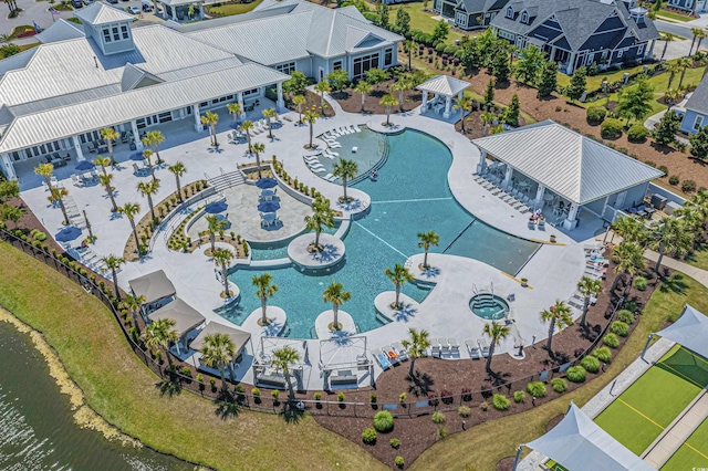 birds eye view of property featuring a water view