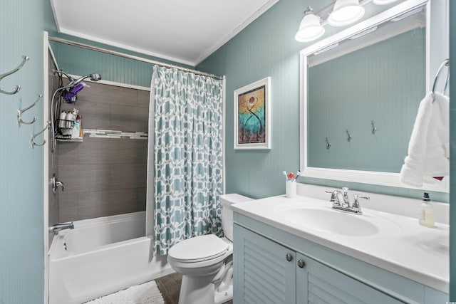 bathroom with toilet, ornamental molding, shower / bath combo with shower curtain, and vanity