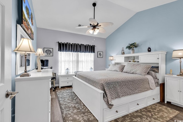 bedroom with lofted ceiling, dark wood-type flooring, and ceiling fan