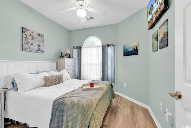 bedroom with ceiling fan and light hardwood / wood-style flooring