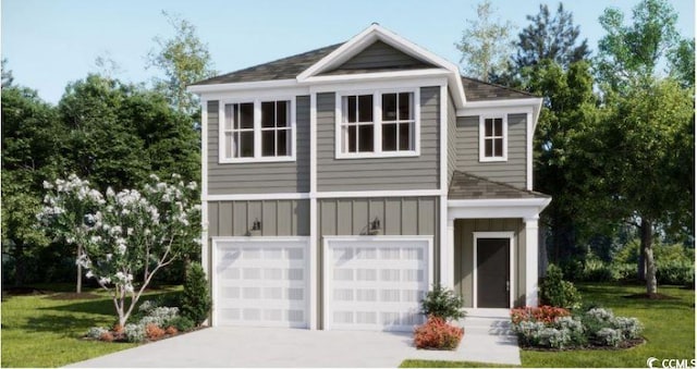 view of front of property featuring board and batten siding, a garage, concrete driveway, and a shingled roof