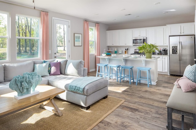living area with wood finished floors