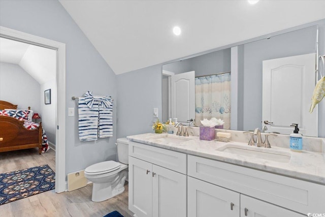 bathroom featuring lofted ceiling, vanity, hardwood / wood-style flooring, and toilet