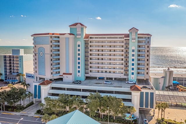 view of building exterior featuring a water view