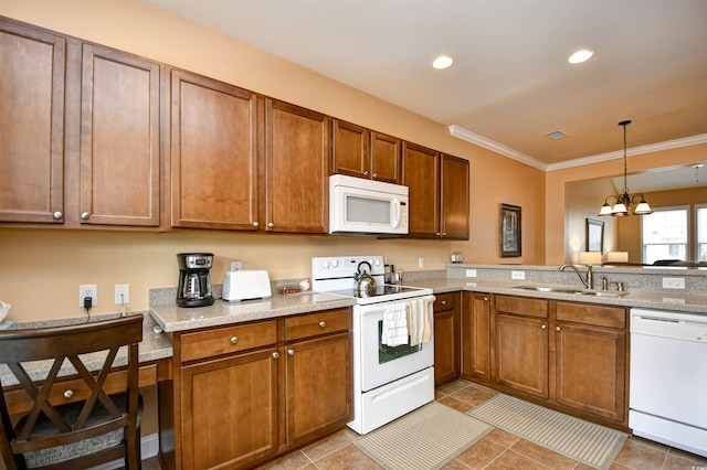 kitchen featuring decorative light fixtures, sink, white appliances, kitchen peninsula, and an inviting chandelier