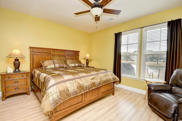 bedroom featuring ceiling fan and light wood-type flooring