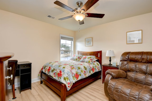 bedroom featuring ceiling fan and light wood-type flooring