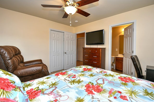 bedroom featuring ceiling fan and a closet