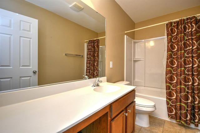 full bathroom featuring shower / bath combination with curtain, vanity, toilet, and tile patterned flooring