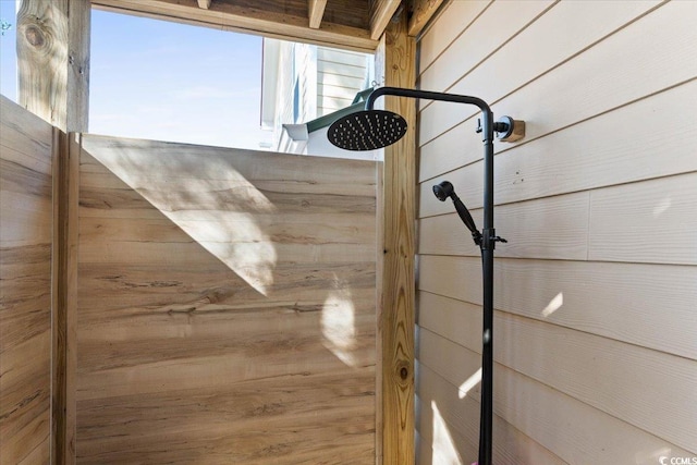 interior details featuring wooden walls and a shower