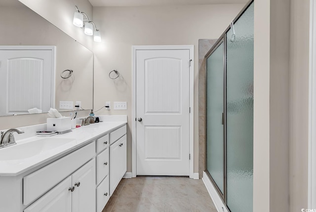 bathroom featuring walk in shower, vanity, and tile patterned flooring