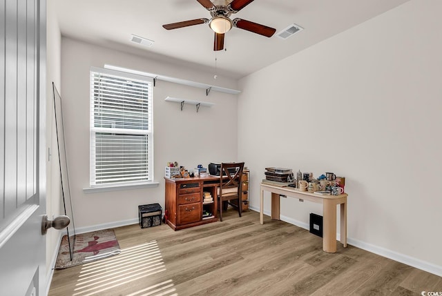 office featuring ceiling fan and hardwood / wood-style floors