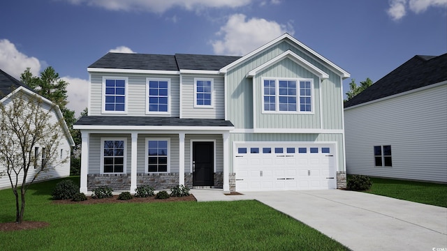 craftsman-style house featuring a garage and a front lawn