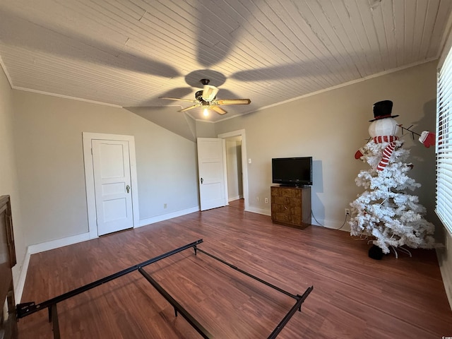 unfurnished bedroom with ornamental molding, dark hardwood / wood-style floors, and wooden ceiling