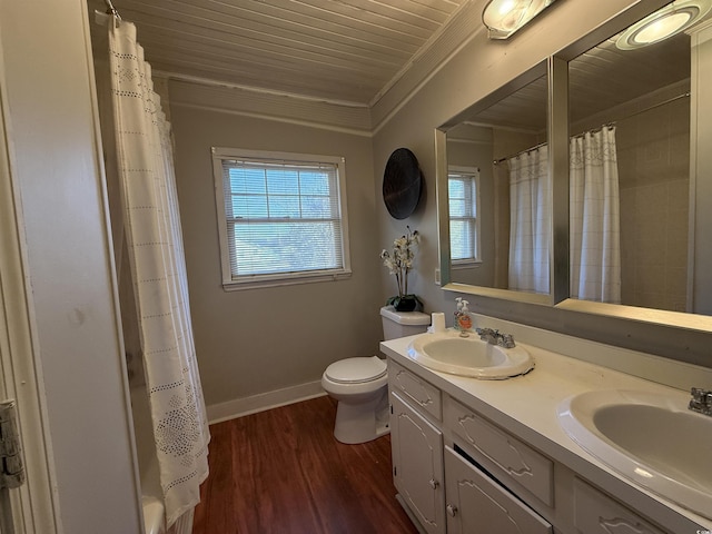 bathroom with toilet, crown molding, wood-type flooring, wooden ceiling, and vanity