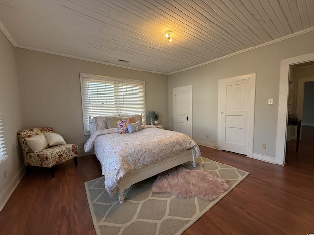 bedroom with crown molding, wooden ceiling, and dark hardwood / wood-style flooring