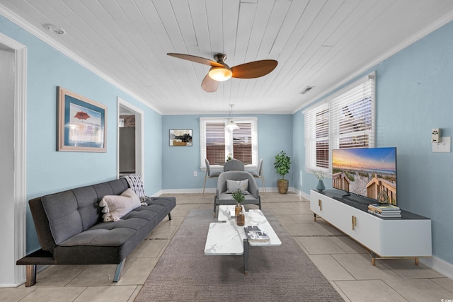 tiled living room featuring crown molding and wooden ceiling