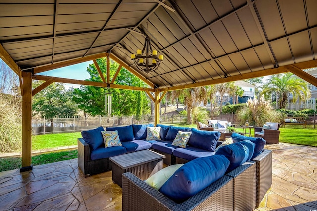 view of patio / terrace with an outdoor living space and a gazebo