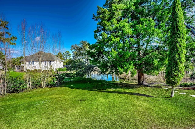 view of yard with a water view