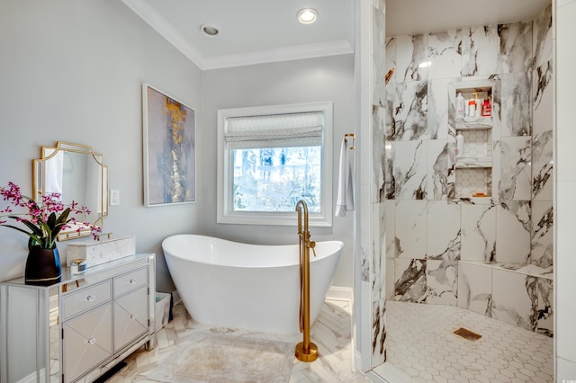 bathroom featuring ornamental molding, shower with separate bathtub, and vanity