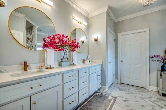 bathroom featuring parquet flooring, ornamental molding, and vanity