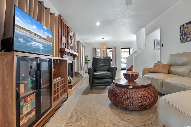 living room with a textured ceiling