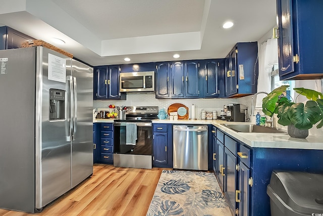 kitchen with light hardwood / wood-style flooring, blue cabinetry, backsplash, stainless steel appliances, and a tray ceiling