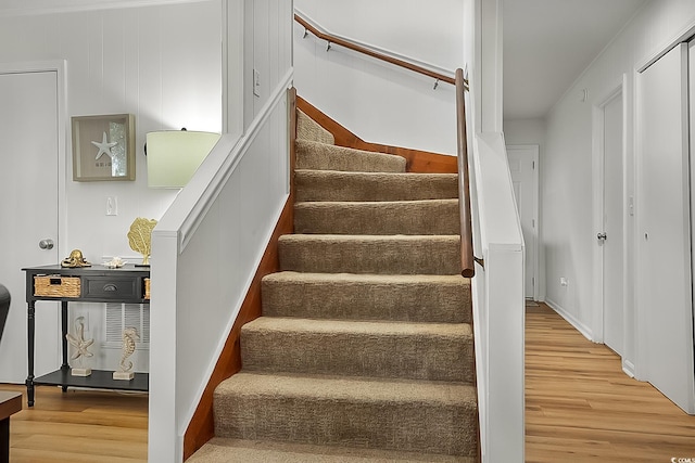 staircase with hardwood / wood-style flooring