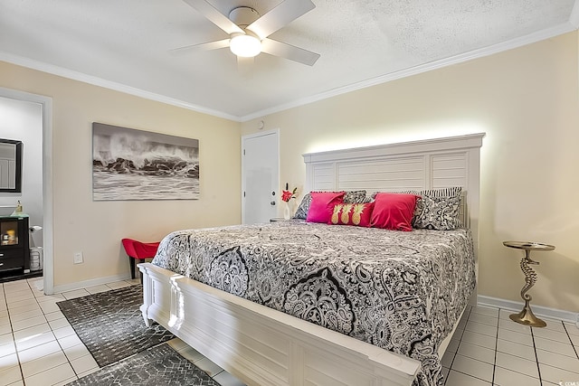 bedroom with ceiling fan, crown molding, a textured ceiling, and light tile patterned flooring