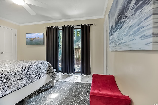 tiled bedroom featuring ceiling fan and ornamental molding