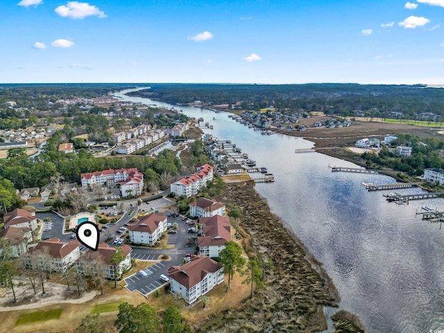 drone / aerial view featuring a water view